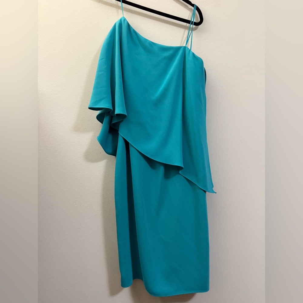 Carmen Marc Valvo One Shoulder Draped Sheath Knee Length‎ Dress in Blue Teal - 6